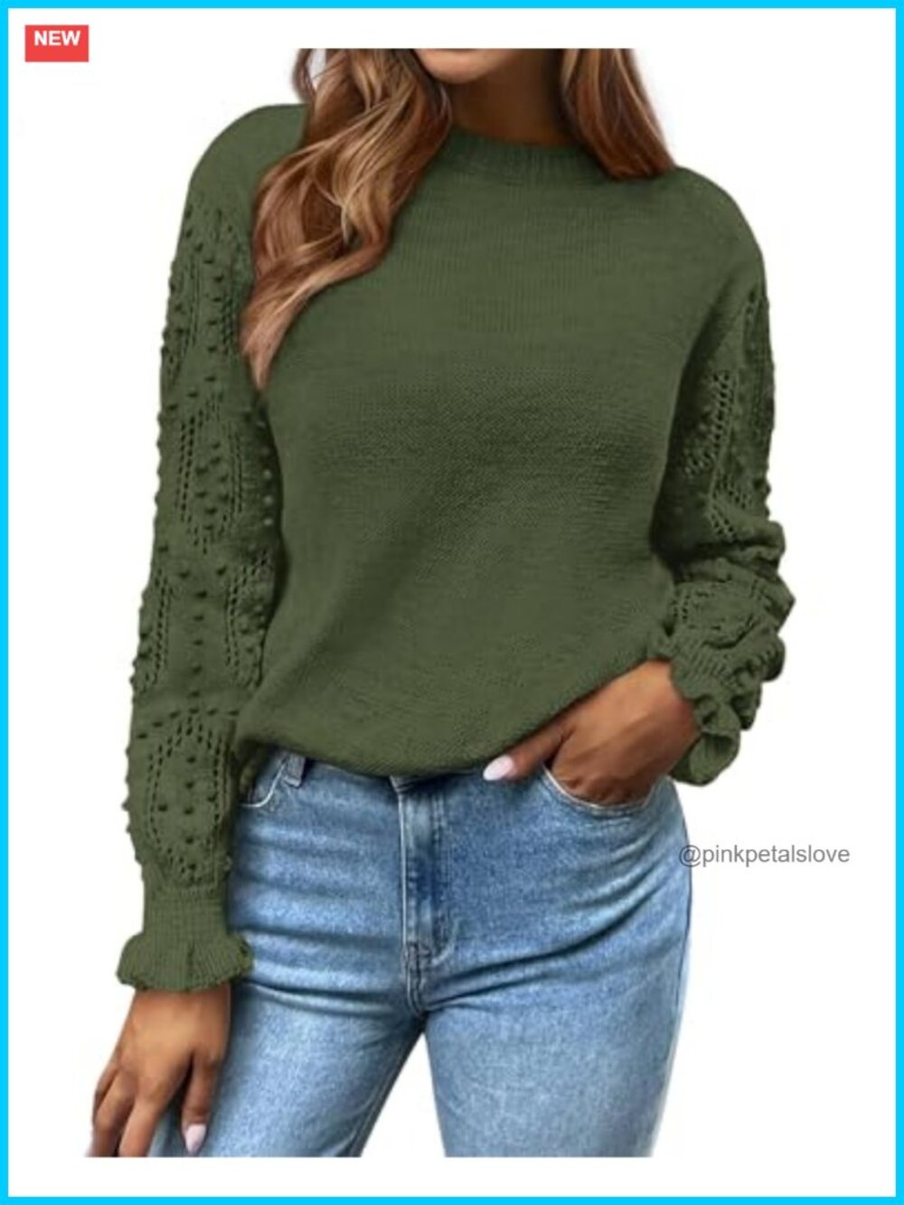 Women's Hollow Out Knit Sweater Ruffled Crewneck Pullover